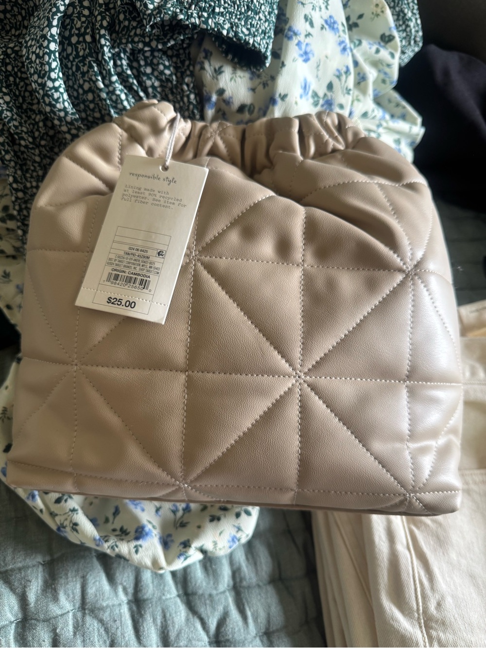 a new day Quilted Drawstring Mini Bag in Taupe